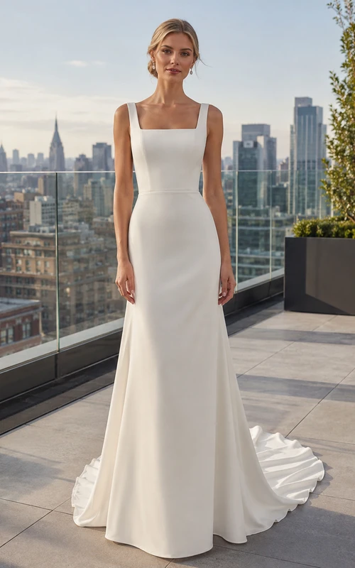 Robe de mariée minimaliste en satin, fourreau, col carré, sans manches, traîne et fente.
