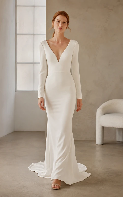 Modest Long Sleeve V-Neck Sheath Crepe Wedding Dress With Sweep Train