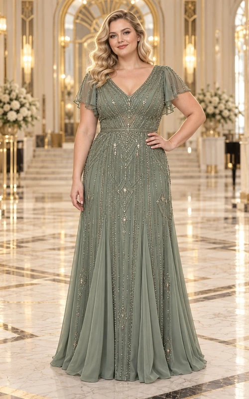 Vestido largo de dama de honor de talla grande, estilo vintage, color verde salvia, corte en A, escote en V, mangas con volantes y detalles geométricos con cuentas.