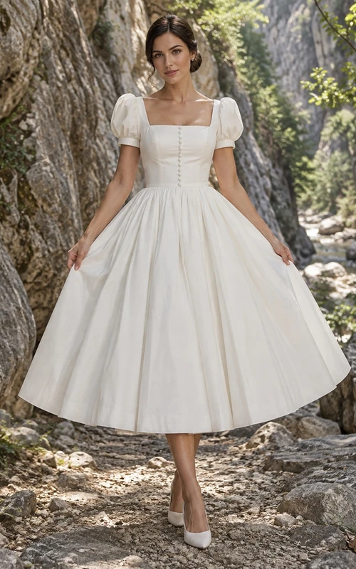 Vestido de novia sencillo de satén plisado, largo hasta la rodilla, cuello cuadrado, mangas cortas abullonadas.