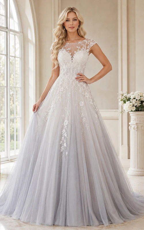 Elegantes graues Brautkleid aus Spitze in A-Linie mit U-Boot-Ärmeln, bodenlanger Schleppe und elegantem Schnitt