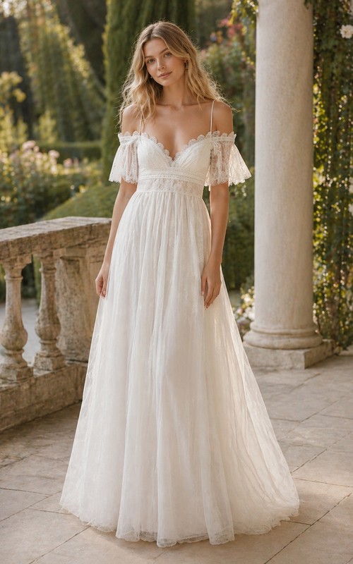 empire waist flowy wedding dress 66221: Empire Waist Crepe Fit and Flare Dress with Cutout Train
