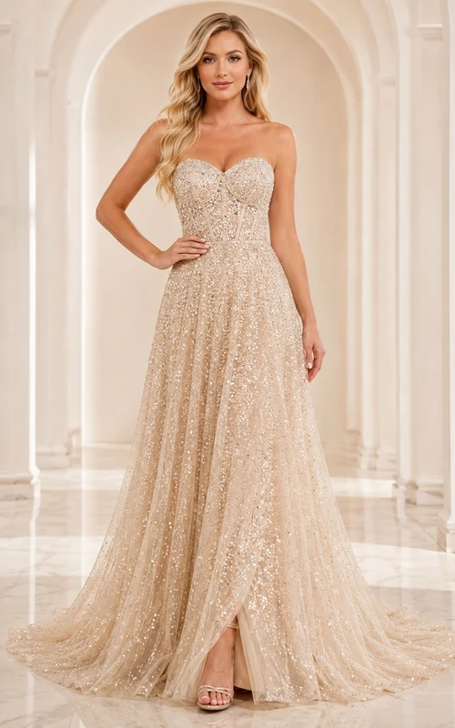 Champagne Sweetheart Sleeveless Sequins A-Line Floor-length Sparkle Gala Dress