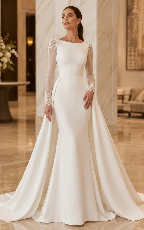 Robe de mariée élégante en satin, col rond, manches illusion longues, coupe trapèze, longueur chapelle