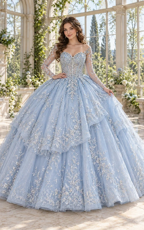 Robe de bal de quinceañera victorienne bleu ciel à manches longues en dentelle et à volants