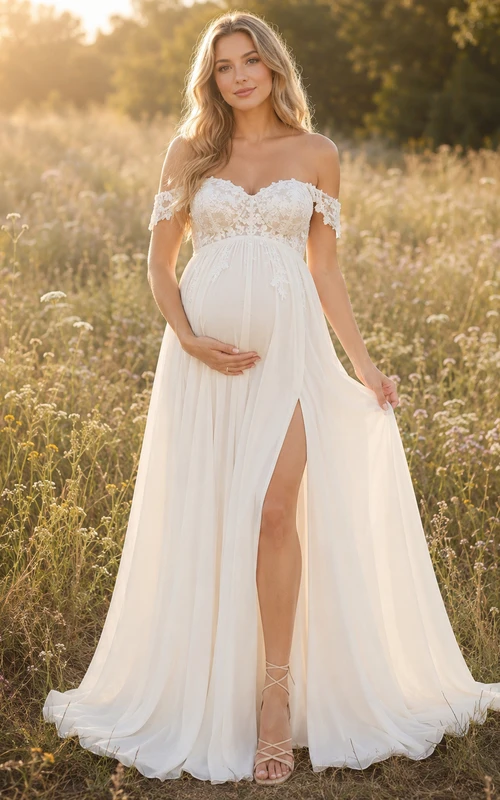 Maternity Wedding Dress Off-the-Shoulder Lace Bodice A-Line Bridal Gown with Split Front