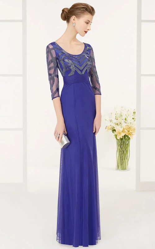 Scoop Neck Half Sleeve Tulle Long Prom Dress With Sequined Top
