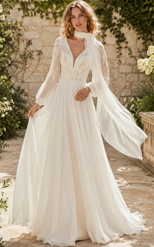 Vestido de novia clásico de encaje con falda acampanada, mangas largas y cola larga