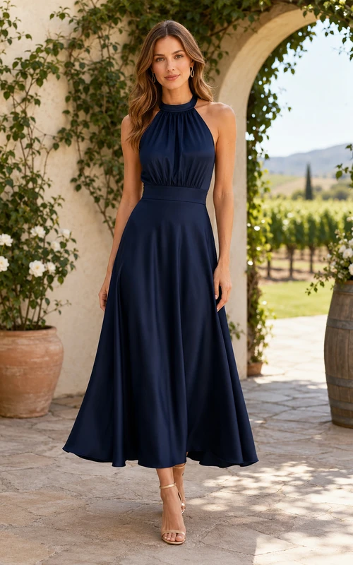 Wedding Guest Dress Dark Navy Satin A-Line Halter Sleeveless Tea Length