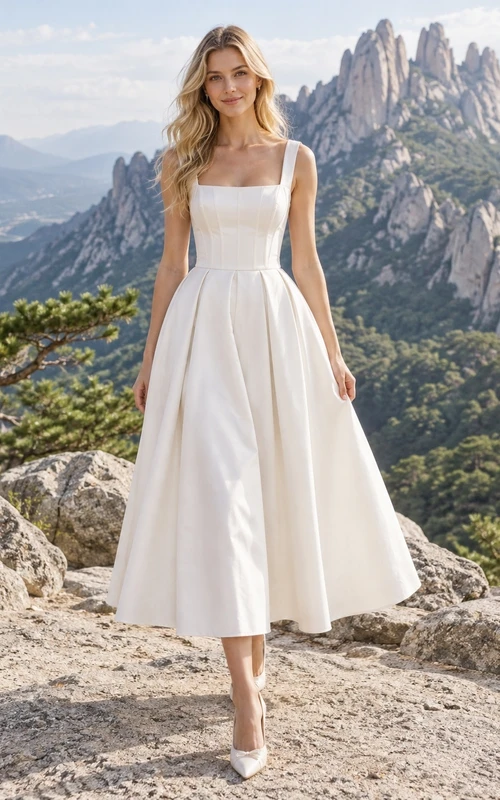 Einfaches, wadenlanges, ärmelloses, plissiertes Brautkleid mit eckigem Ausschnitt und Teelänge