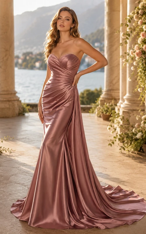 Dusty Rose Strapless Cowl Draped Satin Mermaid Cathedral Wedding Gown