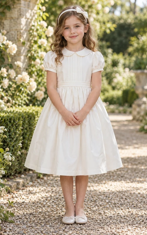 Simple Tea-length White Peter-Pan-collar Cuffed Puff-sleeve Pintucked-bodice Banded Gathered Zipper-back Flower Girl Dress