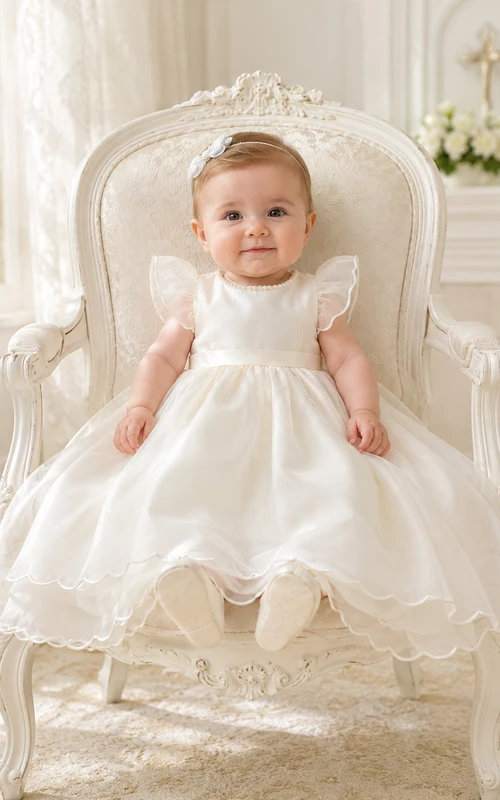 Flutter Sleeve Christening Dress A-Line Organza Tulle Jewel Neck Ruffle Hem