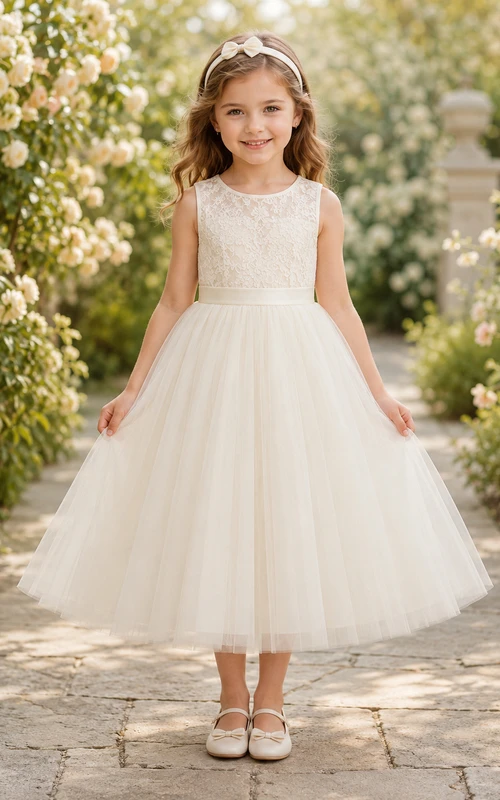 Ärmelloses Blumenmädchenkleid aus Spitze und Tüll