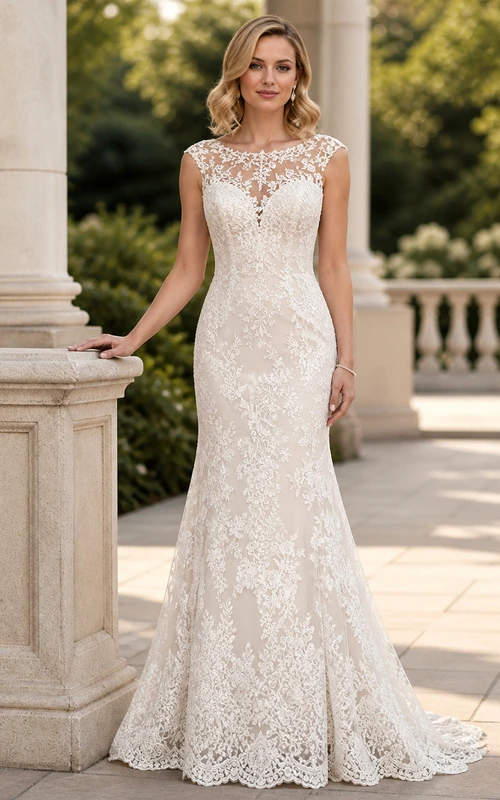 Vestido de novia modesto estilo sirena con escote barco, sin mangas y encaje floral festoneado
