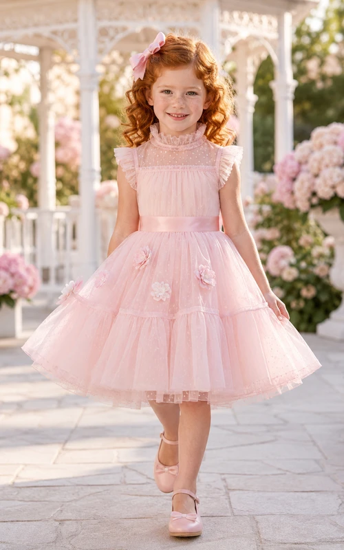 Blushing Pink Flower Girl Dress Knee-Length Swiss Dot Tulle High Neck Ruffle Tier Bow