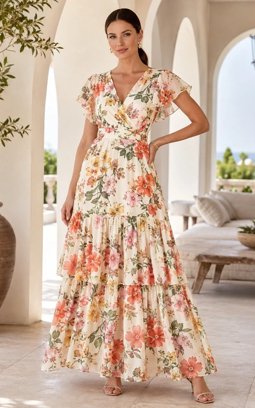 Vestido largo cruzado de gasa color crema con escote en V y mangas con volantes.