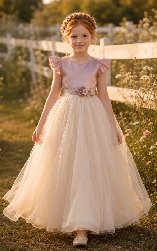 Flower Girl Dress Blush Tulle A-Line Short Sleeve Jewel Neck Floor Length