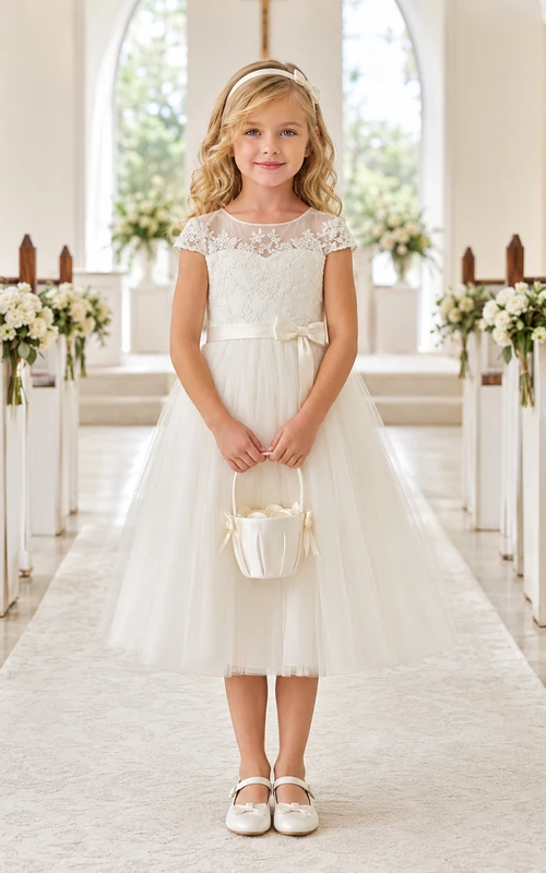 Vestido de niña de flores color marfil, largo hasta la rodilla, encaje, tul, corte en A, escote ilusión, manga corta, doble lazo, cremallera trasera.