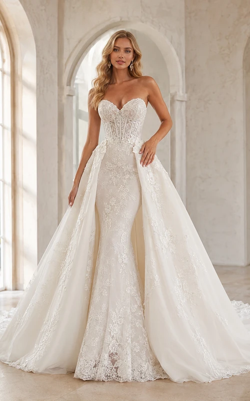 Vestido de novia de encaje y tul estilo sirena, sin tirantes, con escote corazón, cola larga y espalda en V baja.