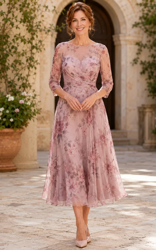 Dusty Rose Floral High Neck Long Sleeve Chiffon Mother Dress