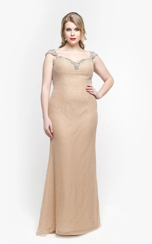Sweetheart Cap Sleeve Sheath Chiffon Long Dress With Beadings