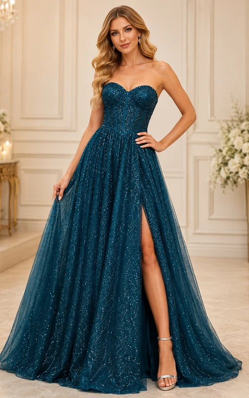 Peacock Strapless Sweetheart Glitter Tulle A-Line Floor Length Slit Prom Dress