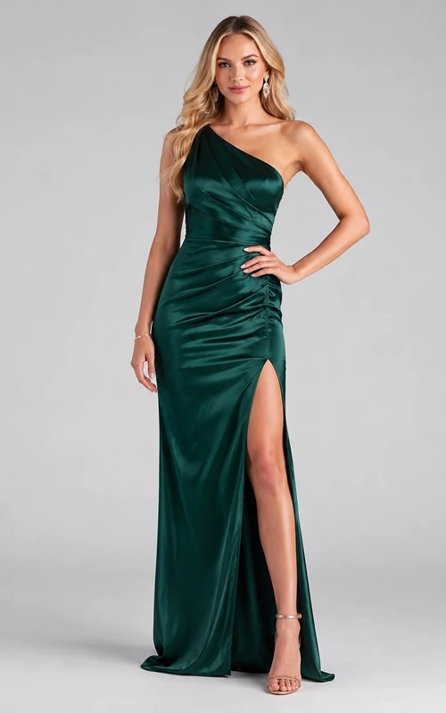 Dark Green One-Shoulder Crossback Slit Formal Prom Dress