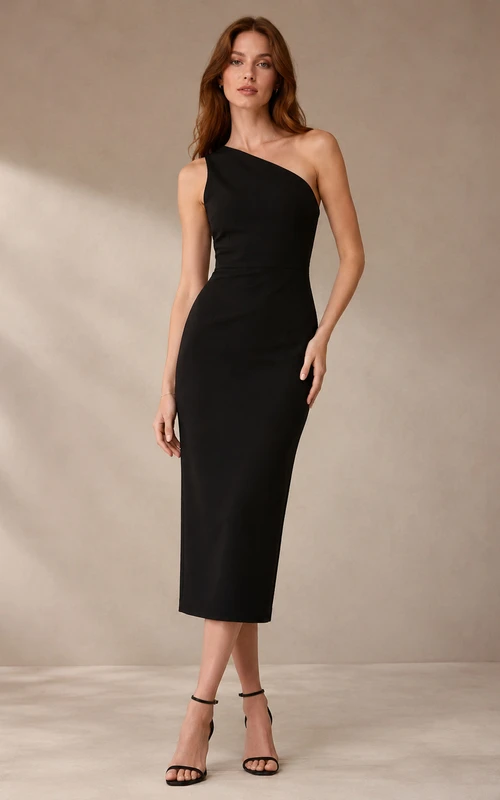 Black One Shoulder Minimalist Sheath Lookbook Midi Dress