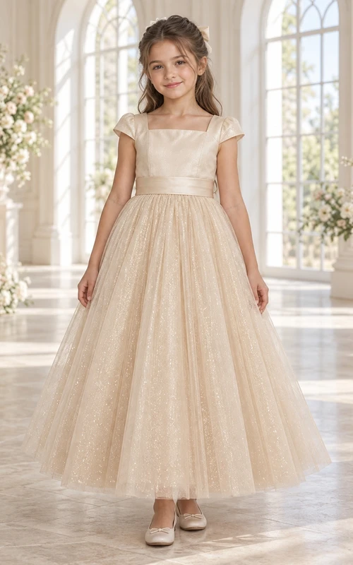 Square-Neck Champagne A-line Tulle Cap-sleeve Ankle-length Sparkling Bow-back Flower Girl Dress