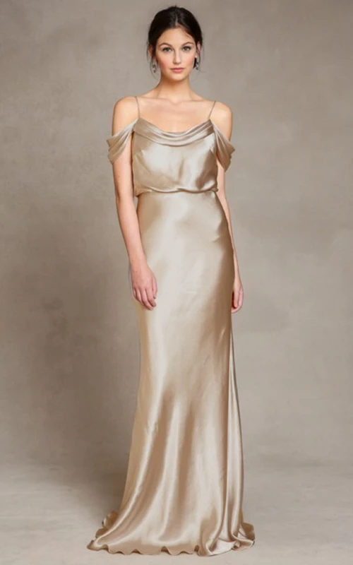 Robe de demoiselle d'honneur longue à fines bretelles en satin sans manches avec dos nu en V
