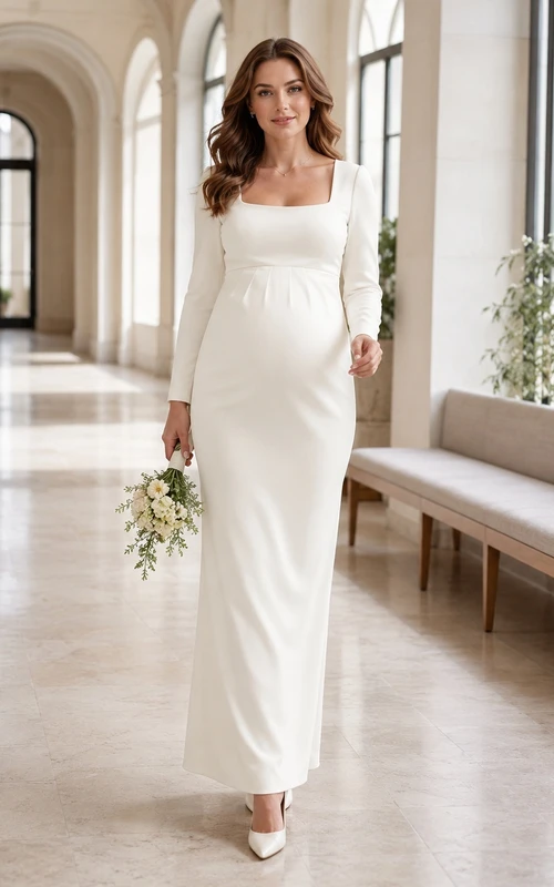 Maternity Wedding Dress Simple Sheath Floor-Length Square Neck Long Sleeve Modest Civil Style