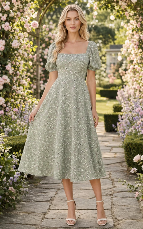 Sage Garden Wedding Guest Dress A-Line Chiffon Lace Square Neck Short Sleeve Tea-Length Floral