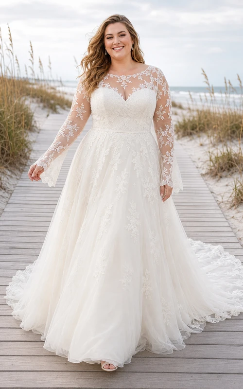 Plus Size Long Sleeve Lace A-Line Beach Wedding Dress with Tulle Train