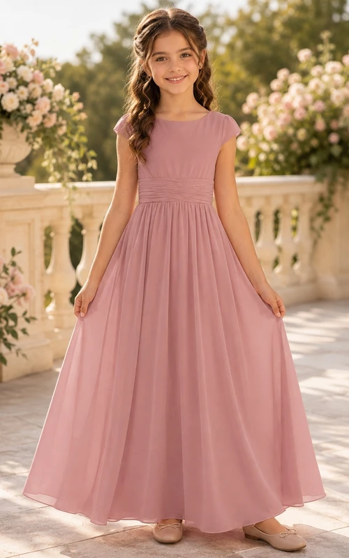 Brautjungfernkleid in Altrosa, A-Linie, Rundhalsausschnitt, kurze Flügelärmel, bezaubernd, romantisch