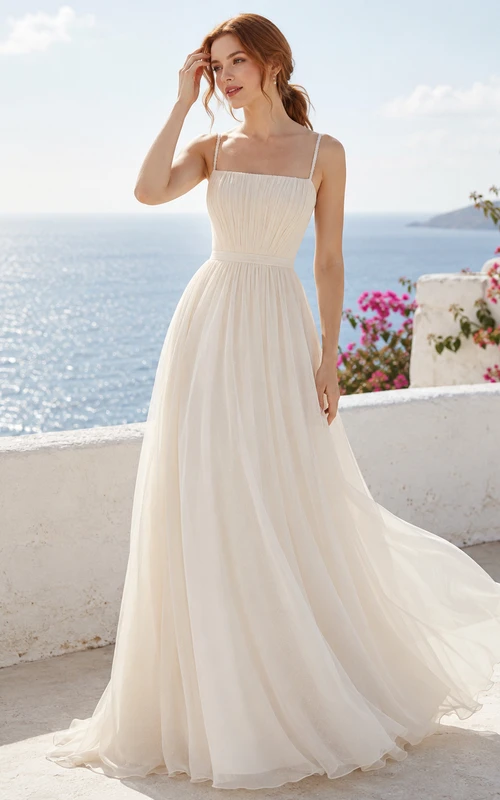 Spaghetti Strap Square Neck Chiffon Coastline Bridal Gown