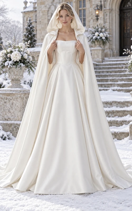 Vestido de novia sencillo de invierno con capucha y capa, sin tirantes, de satén y corte en A.