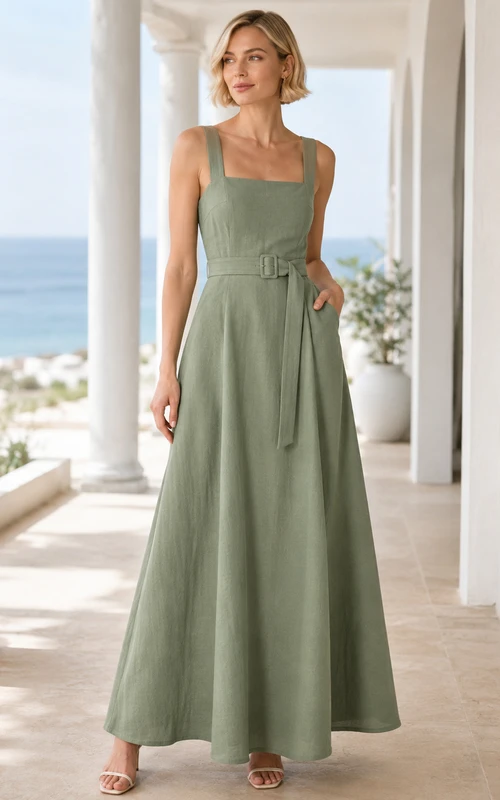 Vestido sencillo de corte A para invitada de boda, color celadón, con escote cuadrado, tirantes y fajín de satén.