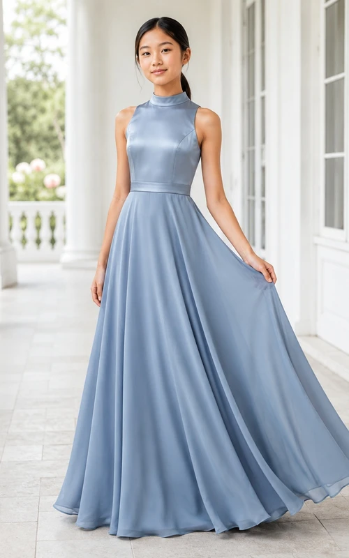 Stahlblaues Brautjungfernkleid für junge Damen, A-Linie, hoher Kragen, ärmellos
