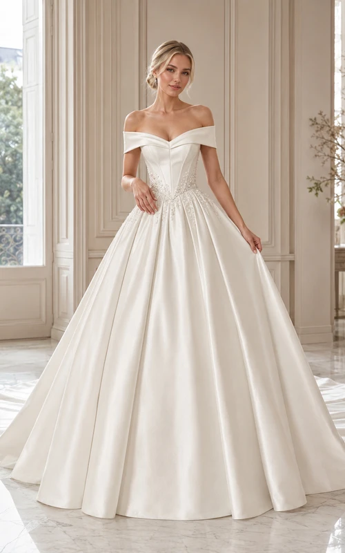 Robe de mariée de bal plissée en satin à épaules dénudées et traîne chapelle