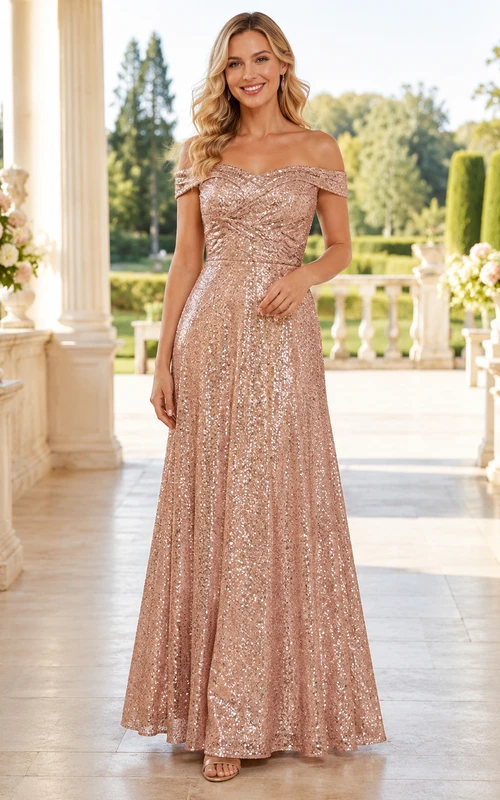 Glamouröses, rosafarbenes Pailletten-Abendkleid in Etuiform, bodenlang, schulterfrei, kurze Ärmel