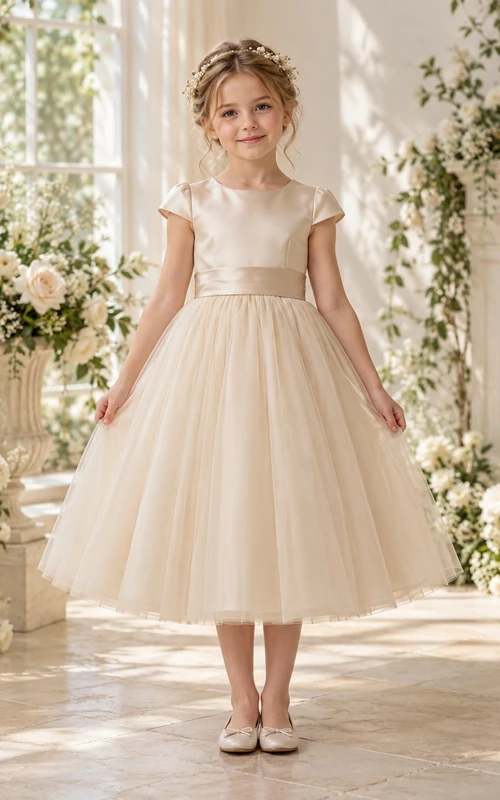 Tea-length Simple Ivory A-line Tulle Cap-sleeve Satin-bodice Bow-back Flower Girl Dress