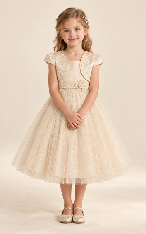 Tea-length Champagne A-line Tulle Lace-bolero Cap-sleeve Flower-waist Round-Neck Flower Girl Dress