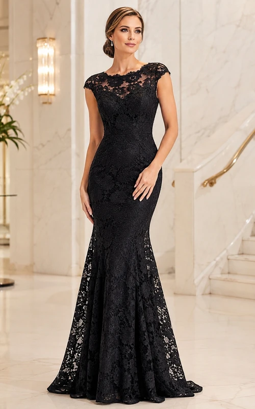Black Illusion Cap Sleeve Lace Mermaid Sweep Train Elegant Luxury Formal Gown