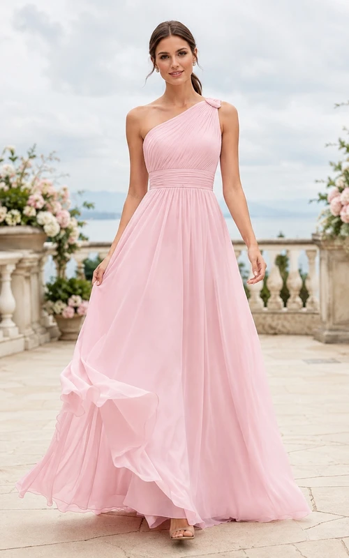 Vestido de dama de honor largo hasta el suelo, de gasa, corte A, con un solo hombro y estampado floral rosa rubor.