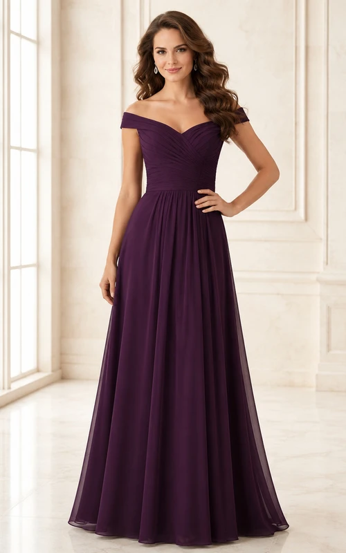 Plum off shoulder sweetheart chiffon floor length A-line dress