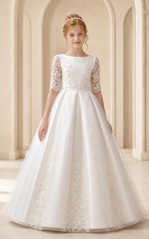 Robe de bal de communion Royal Bateau à manches trois-quarts en dentelle