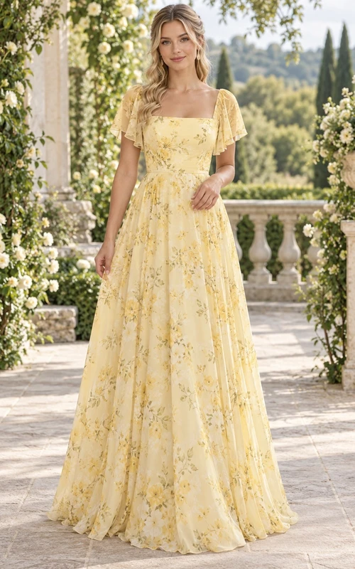 Vestido de dama de honor de gasa con cuello cuadrado, mangas acampanadas y estampado floral de narcisos, largo hasta el suelo y corte en A.