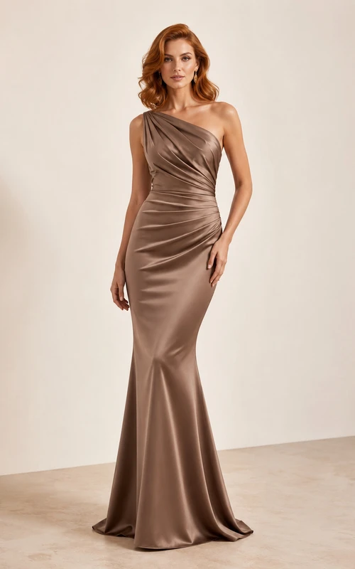 Mocha one shoulder ruched satin mermaid floor length evening dress
