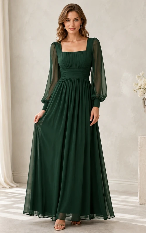 Dark Green Chiffon Square-Neck Long-Sleeve A-Line Floor-Length Dress